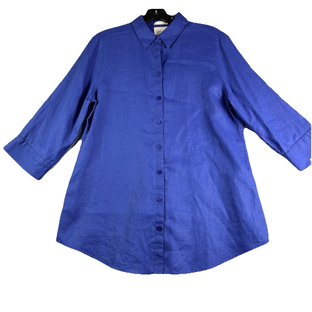 Chicos 0 Linen Tunic Top Women's Small No Iron Long Sleeve Button Up Blue